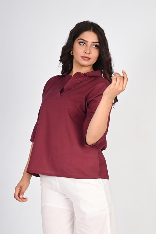 Cotton Linen Pleated Placket Short Shirt